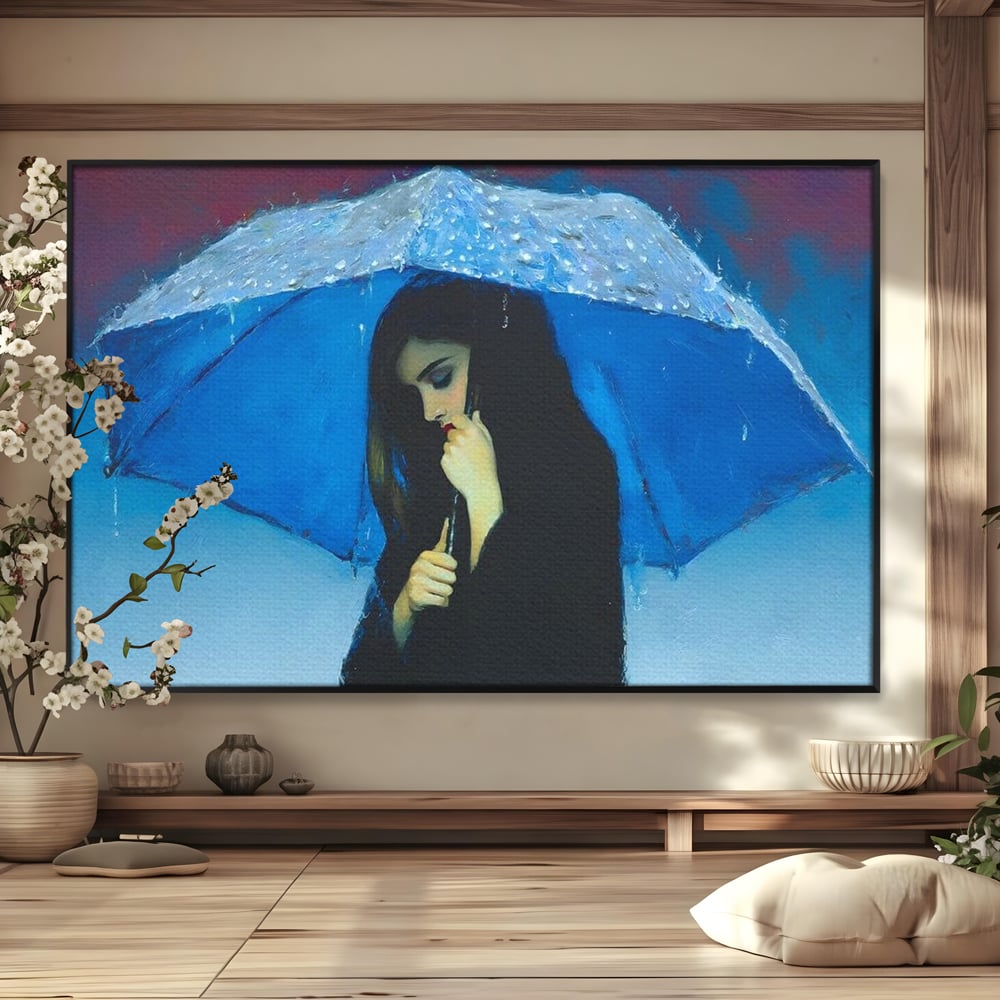 Tablou canvas cu pictura cu femeie sub umbrela albastra, in rama de aluminiu negru